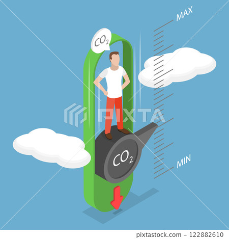 3D Isometric Flat Vector Illustration of Zero Emission, Man Adjusting Gauge To Lower CO2 Level 3D Isometric Flat Vector Illustration of Zero Emission, Man Adjusting Gauge To Lower CO2 Level 122882610