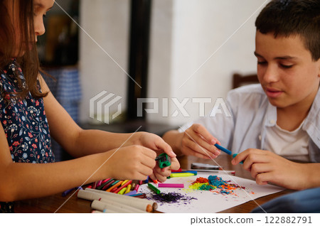 Children Creating Art with Crayons Children Creating Art with Crayons 122882791