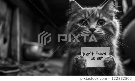 A bw photo of an unhappy cat in the basement of an abandoned house, which was thrown out to live on the street. The cat is holding a note in its paws Don't throw us out A bw photo of an unhappy cat in the basement of an abandoned house, which was thrown out to live on the street. The cat is holding a note in its paws Don't throw us out 122882803
