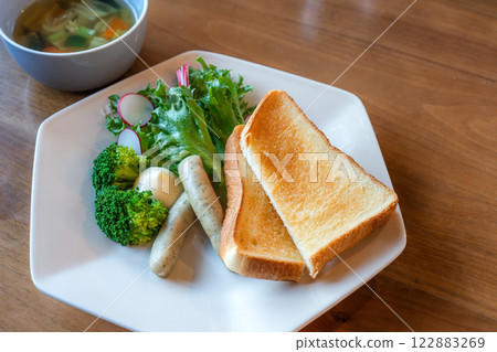 Healthy western breakfast, balanced meal of toast and vegetable soup 122883269