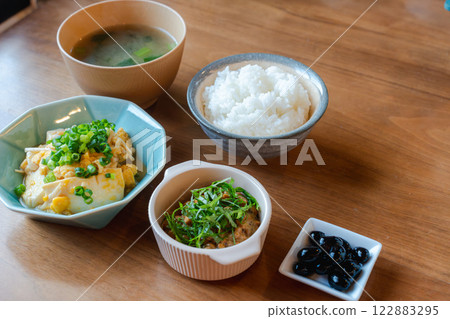 Japanese breakfast, healthy meal with white rice and miso soup 122883295