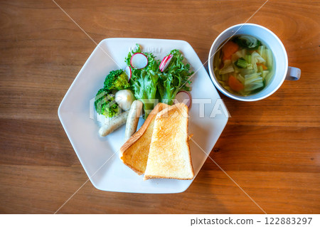 Healthy western breakfast, balanced meal of toast and vegetable soup 122883297