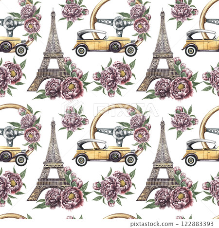 Seamless pattern with retro cars and Eiffel towers, vintage steering wheel decorated with peonies. Handmade watercolor illustrations. Colorful, delicate, romantic pattern for textiles, wallpaper. Seamless pattern with retro cars and Eiffel towers, vintage steering wheel decorated with peonies. Handmade watercolor illustrations. Colorful, delicate, romantic pattern for textiles, wallpaper. 122883393