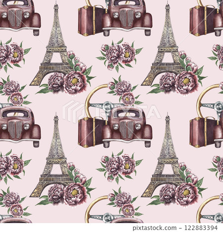 Seamless pattern with retro cars and Eiffel towers, vintage steering wheel, suitcases and peonies. Handmade watercolor illustrations. Colorful, delicate, romantic pattern on a light purple background. Seamless pattern with retro cars and Eiffel towers, vintage steering wheel, suitcases and peonies. Handmade watercolor illustrations. Colorful, delicate, romantic pattern on a light purple background. 122883394
