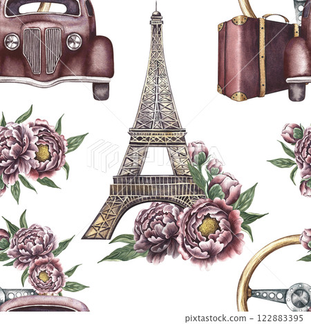 Seamless pattern with retro cars and Eiffel towers, vintage steering wheel decorated with vintage flowers, and retro suitcases. Handmade watercolor illustrations. Colorful, delicate, romantic pattern. 122883395