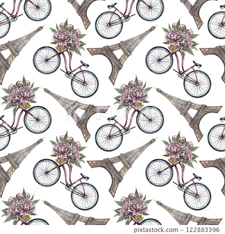 Seamless pattern with Eiffel towers, retro bicycles and peonies. Handmade watercolor illustration. Colorful, delicate, romantic pattern for textiles, wallpaper and wrapping paper. Seamless pattern with Eiffel towers, retro bicycles and peonies. Handmade watercolor illustration. Colorful, delicate, romantic pattern for textiles, wallpaper and wrapping paper. 122883396