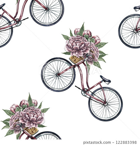 Seamless pattern with retro bikes and peonies. Handmade watercolor illustration. A color romantic image. For textiles, wallpaper and wrapping paper. Seamless pattern with retro bikes and peonies. Handmade watercolor illustration. A color romantic image. For textiles, wallpaper and wrapping paper. 122883398