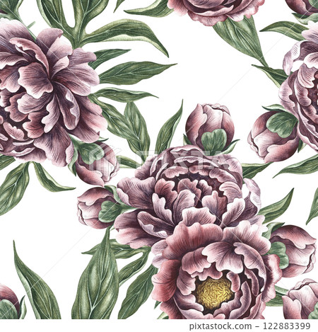 Seamless floral pattern with purple delicate peonies. Handmade watercolor illustration. Vintage-style color image. For textiles, wallpaper and wrapping paper. For labels, packaging, printing. Seamless floral pattern with purple delicate peonies. Handmade watercolor illustration. Vintage-style color image. For textiles, wallpaper and wrapping paper. For labels, packaging, printing. 122883399