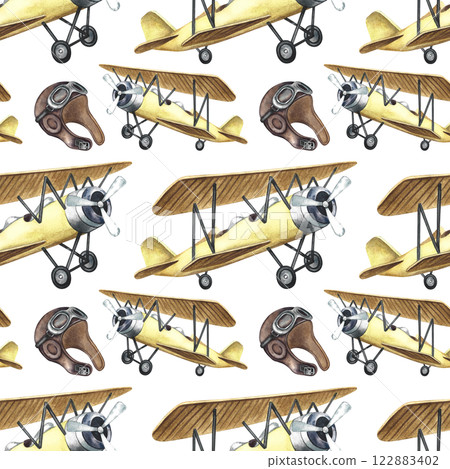 Seamless pattern of vintage airplanes and pilots' helmets. A hand-drawn watercolor illustration. A color image of the first vintage-style aircraft. For textiles, wallpaper, packaging. 122883402