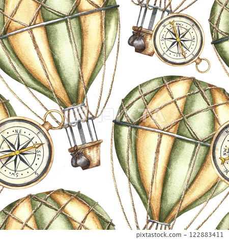 Seamless pattern of flying balloons and compasses. Handmade watercolor illustration. A vintage-style color image of a trip around the world. For textiles, wallpaper, wrapping paper and more. 122883411
