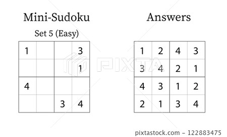 Mini Sudoku Puzzle 4x4 Set 5 for Kids Easy with Answers, Fun Brain Training Math Game for Kids, Vector Mini Sudoku Puzzle 4x4 Set 5 for Kids Easy with Answers, Fun Brain Training Math Game for Kids, Vector 122883475