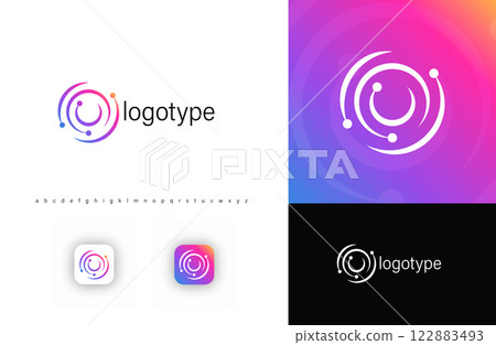 Abstract circular logo with orbiting elements, resembling planetary system. Represents connectivity, advanced technology. Ideal for IT, AI, blockchain, cybersecurity, fintech, spacetech. Vector logo Abstract circular logo with orbiting elements, resembling planetary system. Represents connectivity, advanced technology. Ideal for IT, AI, blockchain, cybersecurity, fintech, spacetech. Vector logo 122883493