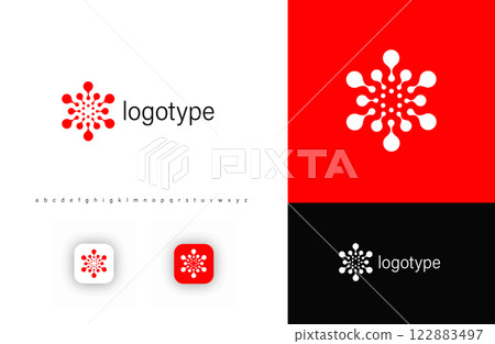 Abstract round radial logo with dots, molecular structures or viral cells. Represents innovation, bio and termal, research and technology. Ideal for biotech, medicine, science. Vector illustration 122883497