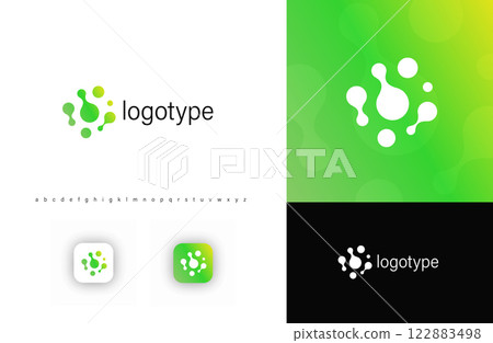 Abstract logo with interconnected organic shapes resembling molecules or cells, symbolizing biotechnology, scientific innovation, and sustainable development.Isolated vector logo concept 122883498