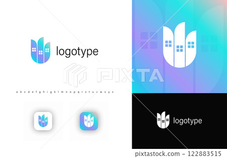 Minimalist real estate logo in gradient style. Represents housing, investment, and modern living. Ideal for real estate, architecture, and property branding. Isolated vector logo template 122883515