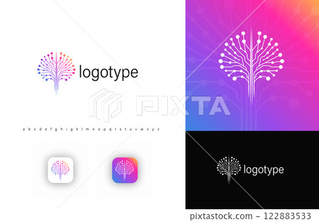 Futuristic digital tree logo with circuit branches symbolizing AI, technology, and innovation. Perfect for tech startups, AI companies, fintech, IT solutions, and app branding. Vector illustration. 122883533