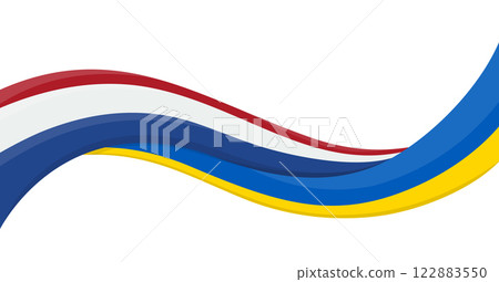 Wavy ribbon banner of Ukraine National flag with Netherland National Flag. Unity and cooperation symbol. Logo for charity social events, NGO, sports team, peace summit. Vector illustration. 122883550