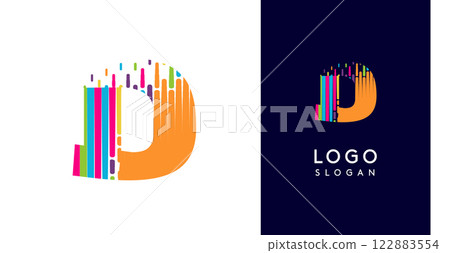 Colorful stripes transitioning into pixel-like elements fat logo template, letter D, abstract equalizer logotype for tech, creative studio, media, digital branding. Vector illustration Colorful stripes transitioning into pixel-like elements fat logo template, letter D, abstract equalizer logotype for tech, creative studio, media, digital branding. Vector illustration 122883554