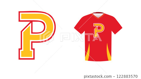 Bold yellow letter P with red outline, varsity sports emblem design on red athletic jersey. Ideal for sports team logos, college branding, athletic apparel. Vector illustration 122883570
