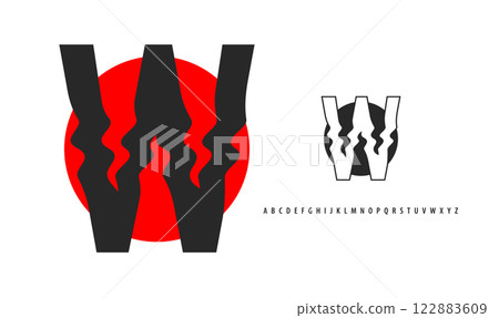 Letter W silhouette on red sun, twisting alphabet. Japanese logo for sushi roll restaurant logo, asian cultural event logotype. Vector logo and typeset 122883609