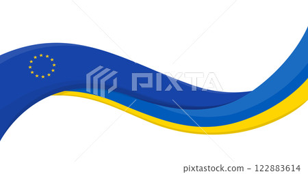 Wavy ribbon banner of Ukraine National flag with European Union Flag. Unity and cooperation symbol. Logo for charity and social events, NGO initiative, sport teams. Vector illustration. 122883614