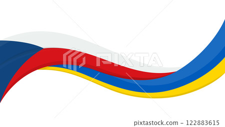 Wavy ribbon banner of Ukraine National flag with Liechtenstein National Flag. Unity and cooperation symbol. Logo for charity social events, NGO, sports team, peace summit. Vector illustration. 122883615