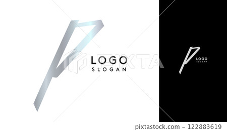 Shiny chromatic letter P, metallic monogram with shiny chrome iridescent gradient for streetwear fashion, music label, skate brand, urban art, graffiti-inspired products, modern tech company 122883619