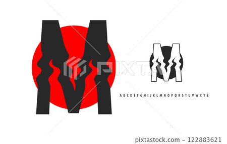 Letter M silhouette on red sun, twisting alphabet. Japanese logo for sushi roll restaurant logo, asian cultural event logotype. Vector logo and typeset Letter M silhouette on red sun, twisting alphabet. Japanese logo for sushi roll restaurant logo, asian cultural event logotype. Vector logo and typeset 122883621
