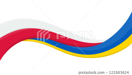 Wavy ribbon banner of Ukraine National flag with Poland National Flag. Unity and cooperation symbol. Logo for charity social events, NGO, sports team, peace summit. Vector illustration. 122883624