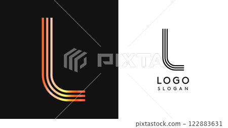 Minimalistic striped letter L, three lines monogram, shiny luxurious metallic gloss color logo for premium brand of jewels, fashion and beauty. Modern retro avant-garde identity. Vector illustration. 122883631