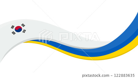 Wavy ribbon banner of Ukraine National flag with South Korea National Flag. Unity and cooperation symbol. Logo for charity social events, NGO, sports team, peace summit. Vector illustration. Wavy ribbon banner of Ukraine National flag with South Korea National Flag. Unity and cooperation symbol. Logo for charity social events, NGO, sports team, peace summit. Vector illustration. 122883635
