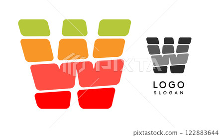 Bright colorful letter W, layers blocks like sandwich, stone balancing or rock stacking. Modern cartoon monogram for kid joyful book, blocky toys logo. Vector illustration 122883644