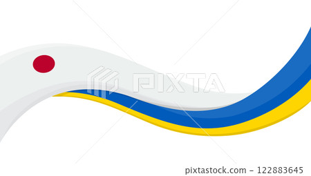 Wavy ribbon banner of Ukraine National flag with Japan National Flag. Unity and cooperation symbol. Logo for charity and social events, NGO initiative, sport teams. Vector illustration. 122883645