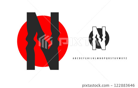 Letter N silhouette on red sun, twisting alphabet. Japanese logo for sushi roll restaurant logo, asian cultural event logotype. Vector logo and typeset Letter N silhouette on red sun, twisting alphabet. Japanese logo for sushi roll restaurant logo, asian cultural event logotype. Vector logo and typeset 122883646