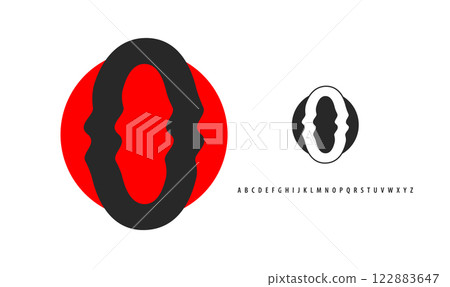 Letter O silhouette on red sun, twisting alphabet. Japanese logo for sushi roll restaurant logo, asian cultural event logotype. Vector logo and typeset 122883647