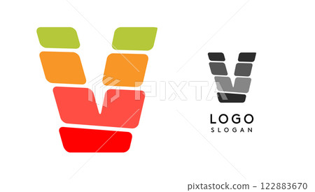 Bright colorful letter V, layers blocks like sandwich, stone balancing or rock stacking. Modern cartoon monogram for kid joyful book, blocky toys logo. Vector illustration 122883670