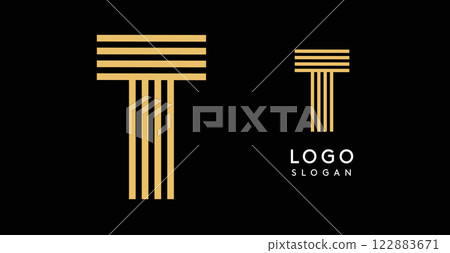 Geometric golden letter T with concentric lines on black background. Sleek sophisticated logo design. Luxury, modernity, elegance logotype for premium branding, corporate identity.Vector illustration. 122883671