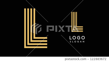 Geometric golden letter L with concentric lines on black background. Sleek sophisticated logo design. Luxury, modernity, elegance logotype for premium branding, corporate identity.Vector illustration. 122883672