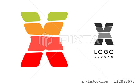 Bright colorful letter X, layers blocks like sandwich, stone balancing or rock stacking. Modern cartoon monogram for kid joyful book, blocky toys logo. Vector illustration 122883673