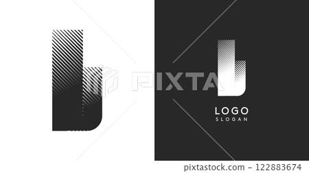 L vector letter. Sharp contrast monogram strike diagonal hatching for industrial yet modern look. High bold logo template. Logotype concept design for brand in tech, architecture, fashion 122883674
