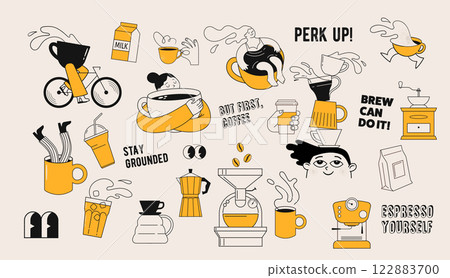 Collection of coffee illustrations and icons. Cafe and coffeeshop design. Concept characters with Collection of coffee illustrations and icons. Cafe and coffeeshop design. Concept characters with 122883700