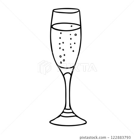 Champagne or Sparkling Wine Glass in doodle style. Vector minimalistic illustration isolated on white background. Doodle style. 122883793