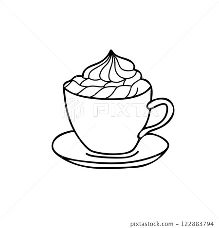Coffee Cup, Hot Chocolate or Cocoa with whipped Cream. Winter or fall Drink isolated on white background. Black and white Sketch illustration in Doodle style. Ideal for beverage branding, cafe menu 122883794
