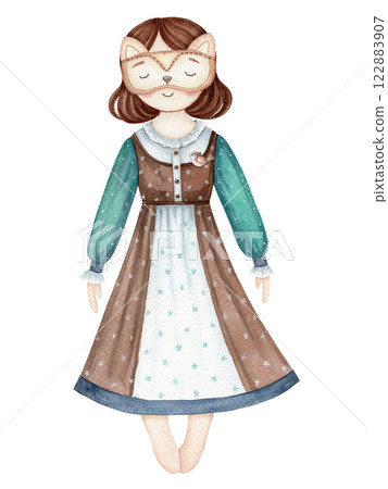 Sleeping girl in nightdress and fox sleep mask cute baby illustration in cartoon style. Hand drawn watercolor kids-friendly character. Perfect for the pajama party template and childlike designs. 122883907
