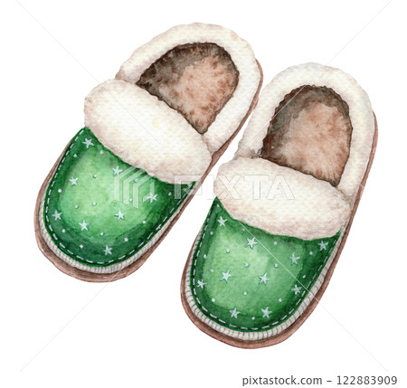 Green furry slippers cute baby illustration in cartoon style. Hand drawn watercolor comfort footwear. Perfect for the use for pajama party theme template and childlike designs. 122883909