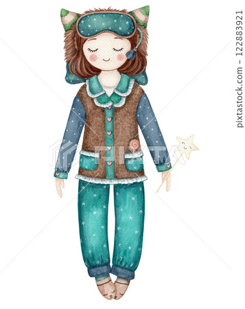 Sleeping girl in nightwear and sleep mask cute baby illustration in cartoon style. Hand drawn watercolor kids-friendly character. Perfect for the use for pajama party template and designs. Sleeping girl in nightwear and sleep mask cute baby illustration in cartoon style. Hand drawn watercolor kids-friendly character. Perfect for the use for pajama party template and designs. 122883921