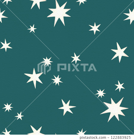 Yellow star and comet seamless pattern in cartoon style. Hand drawn watercolor baby illustration on the teal background. Perfect for pajama party template and childish paper and fabric designs. 122883925