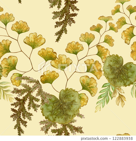 Fern leaves seamless pattern on yellow background. Hand drawn watercolor botanical surface with textured prehistoric foliage. Perfect for the use of ecological material and sustainable designs. 122883938
