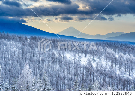 Mt. Fuji and frost from Kirigamine Plateau in the harsh winter Mt. Fuji and frost from Kirigamine Plateau in the harsh winter 122883946