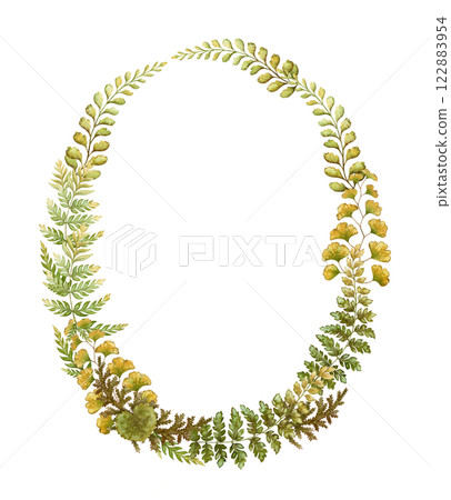 Oval wreath with fern leaves botanical card template in earth tone. Hand drawn watercolor elegant floral frame. Perfect for the use of ecological material and modern designs. 122883954